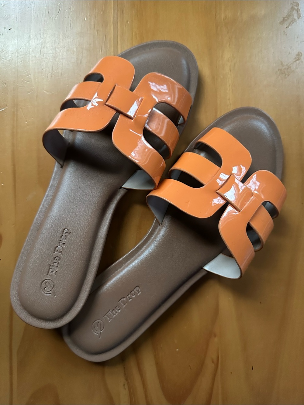 Patent Orange Slide Sandals with Brown Footbed by The Drop